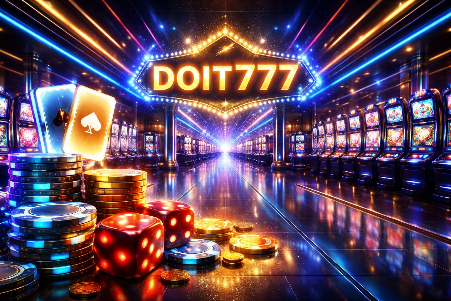 Una vibrante escena del lobby de juegos DOIT777 con fichas brillantes, cartas, dados y mesas digitales en un entorno moderno.