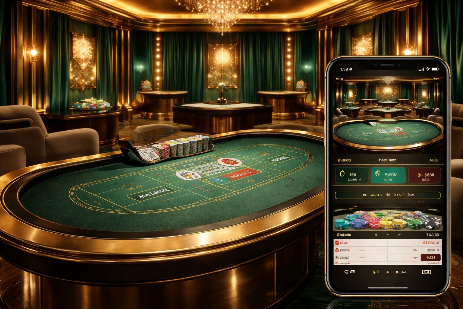 Un estudio elegante de casino en vivo con una mesa de crupier, pantallas brillantes y un jugador usando un dispositivo móvil para unirse a la acción.