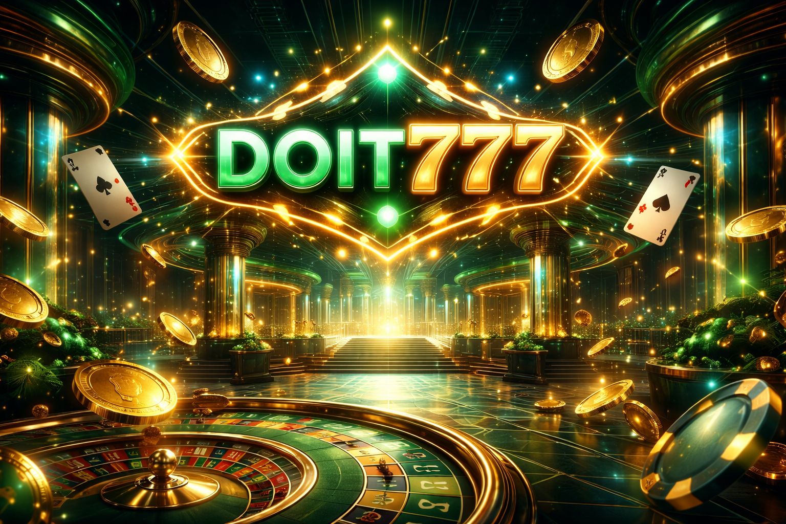 Escena dinámica de bienvenida DOIT777 con elementos brillantes de casino, monedas, cartas y una atmósfera vívida inspirada en México.