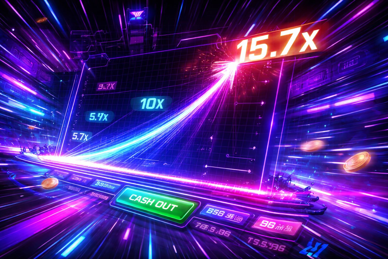 Visual de juego crash de ritmo rápido con gráficos de multiplicador ascendente y elementos de estilo neón DOIT777.