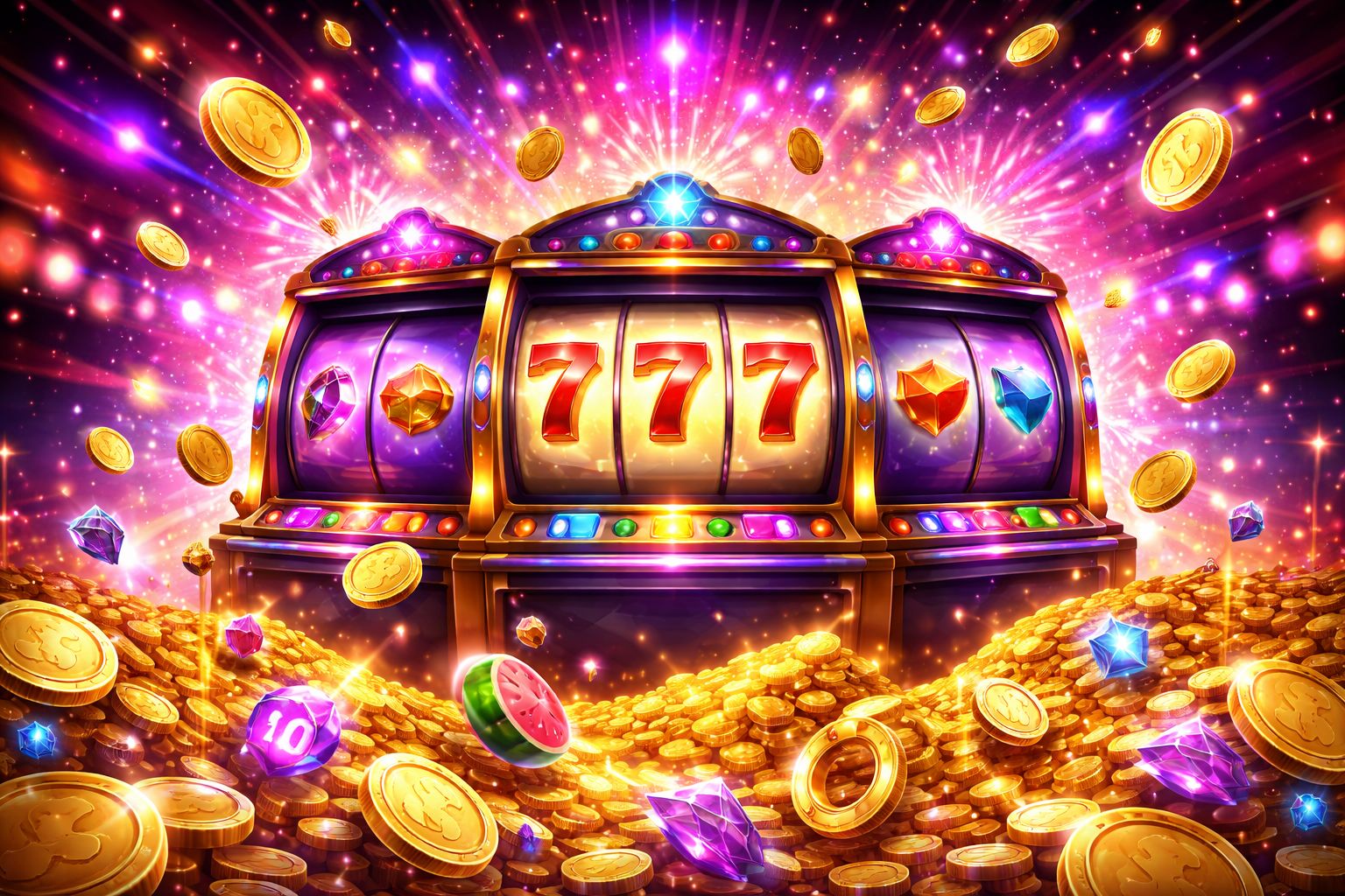 Escena brillante temática de tragamonedas DOIT777 con carretes giratorios, monedas y efectos coloridos de bono.